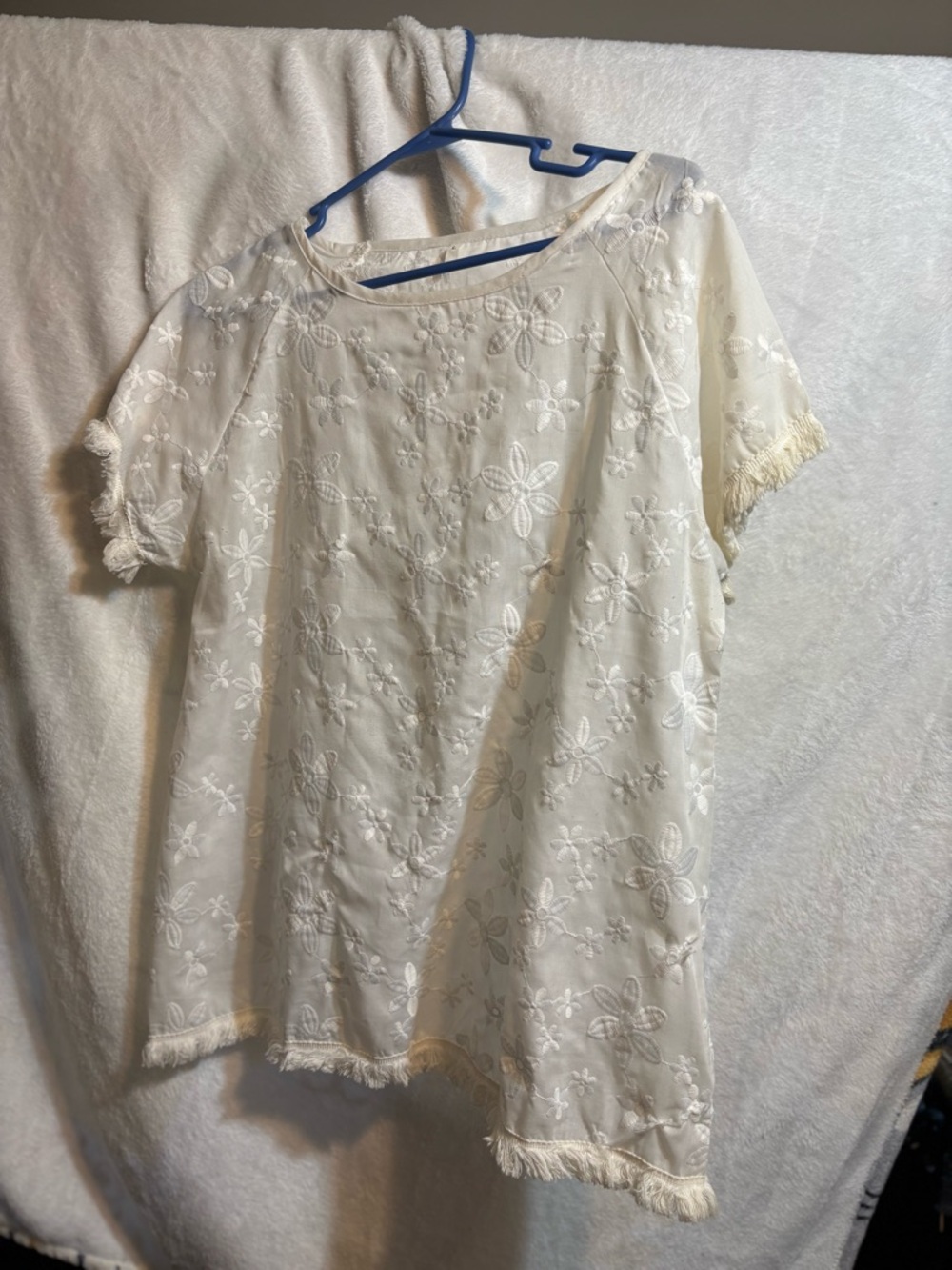 Women's Ivory Embroidered Fringe Short-Sleeve Top